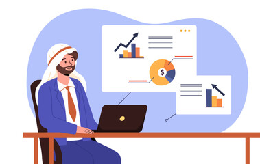 Arab bussinesman at workplace concept. Man in hijab with laptop near graphs and diagrams. Work with statistics and information. Infographics and data visualization. Cartoon flat vector illustration
