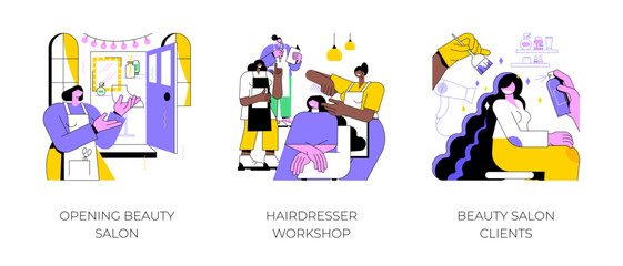 Beauty salon owner isolated cartoon vector illustrations set. Happy smiling woman opening her own business, professional hairdresser workshop, cutting hair, client happy with haircut vector cartoon.