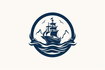 Design of isolated nautical sailor logo with ship and steering wheel in a deep-sea theme. Generative AI