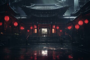 Futuristic night scene of a cyberpunk Japanese temple in a moody, rain-soaked empty cityscape. Generative AI