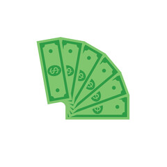 Green banknotes fan. Savings and investment concept. Dollar paper bills heap. Vector illustration in modern flat style isolated on white background.