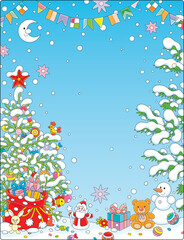 Christmas and New Year background with a decorated fir tree, garlands and a magic bag of winter holiday gifts for little kids surrounded by snowy prickly branches, vector cartoon illustration