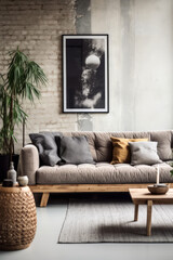 Scandi-boho style interior design living room, 3d render