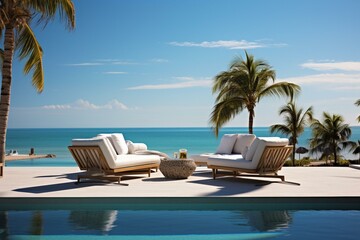 Fototapeta na wymiar Pool and lounge chairs near the ocean. Generative AI