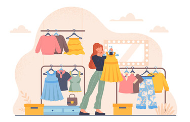 Woman in dressing room concept. Young girl with clothes in wardrobe. Fashion, trend and style. Character trying outfir and wear. Person with yellow dress. Cartoon flat vector illustration