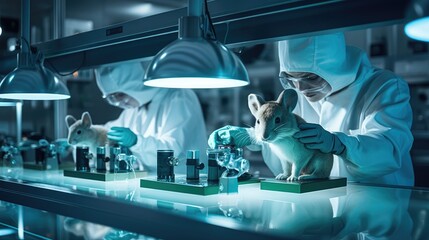 importance of animal testing in medical research by capturing an image of a dedicated veterinary team working with animals in a research facility,