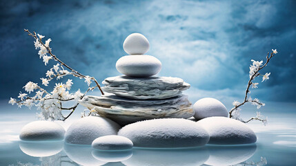 Ice transforming the serenity of a garden zen stone arrangement,