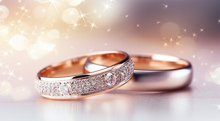 two wedding rings on an elegant glitter background