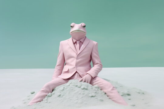 Frog in a pink dotted jacket and tie. Dressed and sitting like a businessman