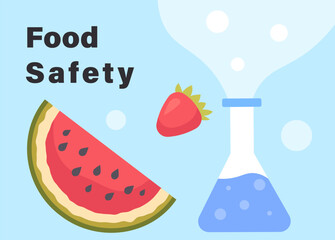Food safety poster. Genetic expertise and analysis of composition of fruits. Strawberry and watermelon with flask. Graphic element for website. Cartoon flat vector illustration