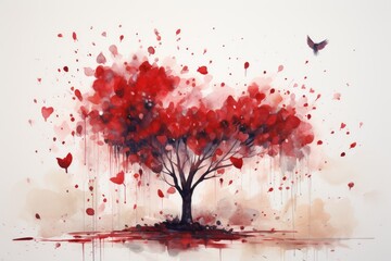 Bird flying over a tree with red leaves, watercolor landscape, valentine, wedding invitation