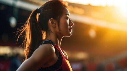 Fototapeta premium early morning light at a bustling athletics stadium in Japan