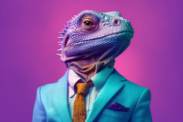 Lizard in a colorful suit and tie. Vibrant colors. Dressed and standing like a businessman