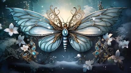 Fotobehang Frost painting fairy tales on the wings of a garden dragonfly ornament, © SK