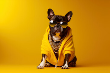 Portrait of a funny dog wearing glasses and a gold chain. Small smiling dog on a bright trendy yellow background. AI generated