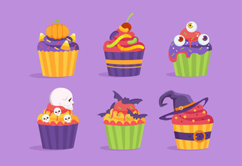 Halloween cupcakes set. Dessert and delicacy for holiday of fear and horror. Candy and homemade bakery. Creepy and spooky cakes. Cartoon flat vector collection isolated on violet background
