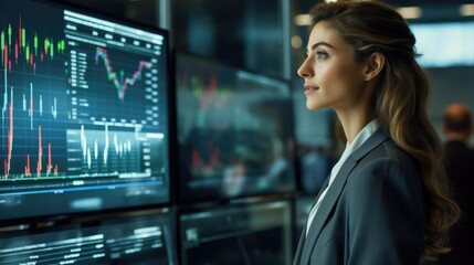 Portrait of a woman in a bustling financial firm meticulously analyzing data
