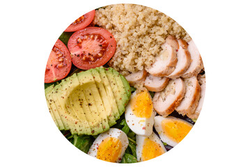 Delicious healthy lunch consisting of chicken, avocado, quinoa, eggs and tomatoes