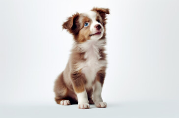 Cute australian shepherd puppy sitting and looking at the camera isolated on a white background. AI generated