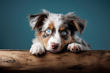 Beautiful Australian Shepherd puppy isolated on a blue background. studio portrait of a dog. front view. dog isolated. Close-up of the dog's face. AI generated