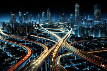Fototapeta na wymiar City expressway, night traffic, aerial cityscape, advanced technology. Generative AI