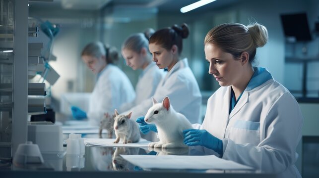 importance of animal testing in medical research by capturing an image of a dedicated veterinary team working with animals in a research facility,