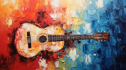 Textured acrylic painting of guitar with palette knife strokes, intended for wall decor, backgrounds, backdrop, featuring designated space for text.