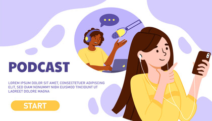 Fototapeta Woman listen podcast concept. Young grl with smartphone or player and headphones. Interesting topic, content and useful information. Landng page design. Cartoon flat vector illustration obraz