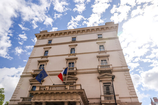 London, England - July 11, 2023: The French embassy in Knightsbridge district of London
