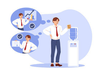 Man with plan at office concept. Young guy at launch break near cooler with water. Worker and emloyee think about graphs and charts. Startup and business idea. Cartoon flat vector illustration