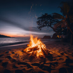 beautiful bonfire in the middle of a beach at night in high definition