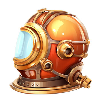 A vintage red and gold diving helmet on a clean white background