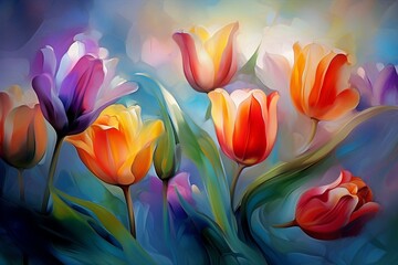 Colorful tulips in a unique style. Flowing and elegant. Generative AI