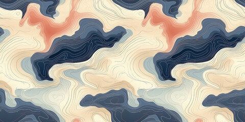 Color topographic map with a repeating seamless pattern. Abstract background with red and navy blue waves. - obrazy, fototapety, plakaty