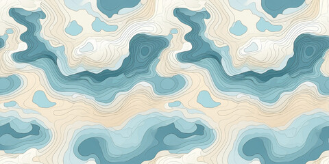 Color topographic map with a repeating seamless pattern. Abstract background with blue and beige waves.