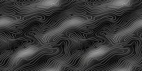 Black and white topographic map with a repeating seamless pattern. Abstract background with waves.