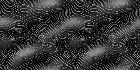 Obraz premium Black and white topographic map with a repeating seamless pattern. Abstract background with waves.