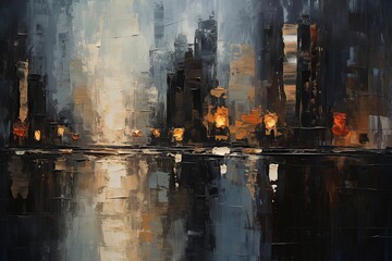 Acrylic painting of city space, romantic and beautiful city painting at night - obrazy, fototapety, plakaty