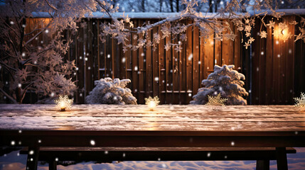 Snowflakes weaving stories over the sturdy surface of a garden table