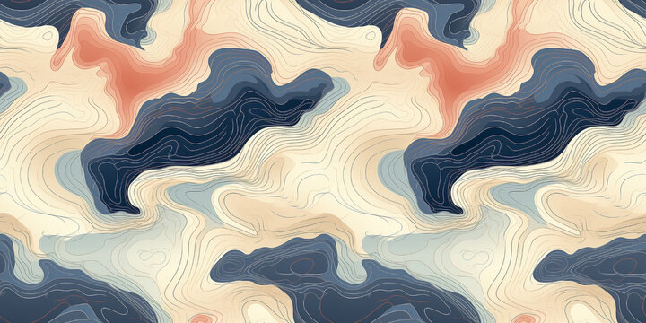 Color Topographic Map With A Repeating Seamless Pattern. Abstract Background With Red And Navy Blue Waves.