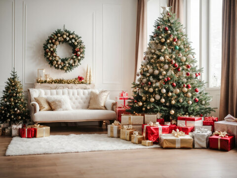 christmas tree with fireplace in a white cozy interior