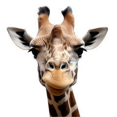 A giraffe's face against a beautiful sky backdrop