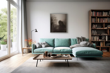 Modern living room home interior design with aqua sofa and bookshelf on daytime background.
