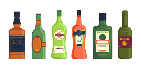 Set of alcohol bottles. Tasty liquid and beverage. Brandy, whiskey and cognac. Menu of restaurant or pub. Beer, wine and champagne. Cartoon flat vector collection isolated on white background