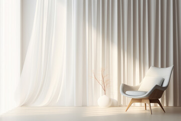 Fototapeta premium Modern minimalist clean contemporary living room home interior design daytime background, white armchair in the living room during the day from the freshness of the window.