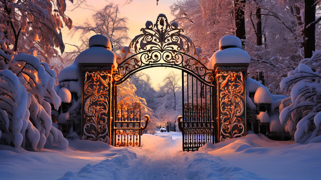 Snow hugging the ornate curves of a garden wrought iron gate
