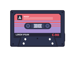 Audio cassette concept. Retro sound equipment for tape recorder. Back to 80s and 90s. Music and songs. Social media sticker. Cartoon flat vector illustration isolated on white background