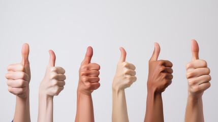 Thumbs up, hand or gesture for success, support or trust. Diverse group or teamwork of businessperson show hands as thank you or approval to idea plan, strategy or yes for goal, target and winner.