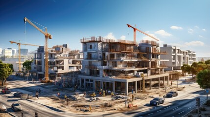 Construction site with tower crane and excavator Residential building construction