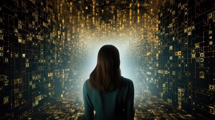 person surrounded by floating data points, highlighting the need for individuals to safeguard their personal information in the digital age.